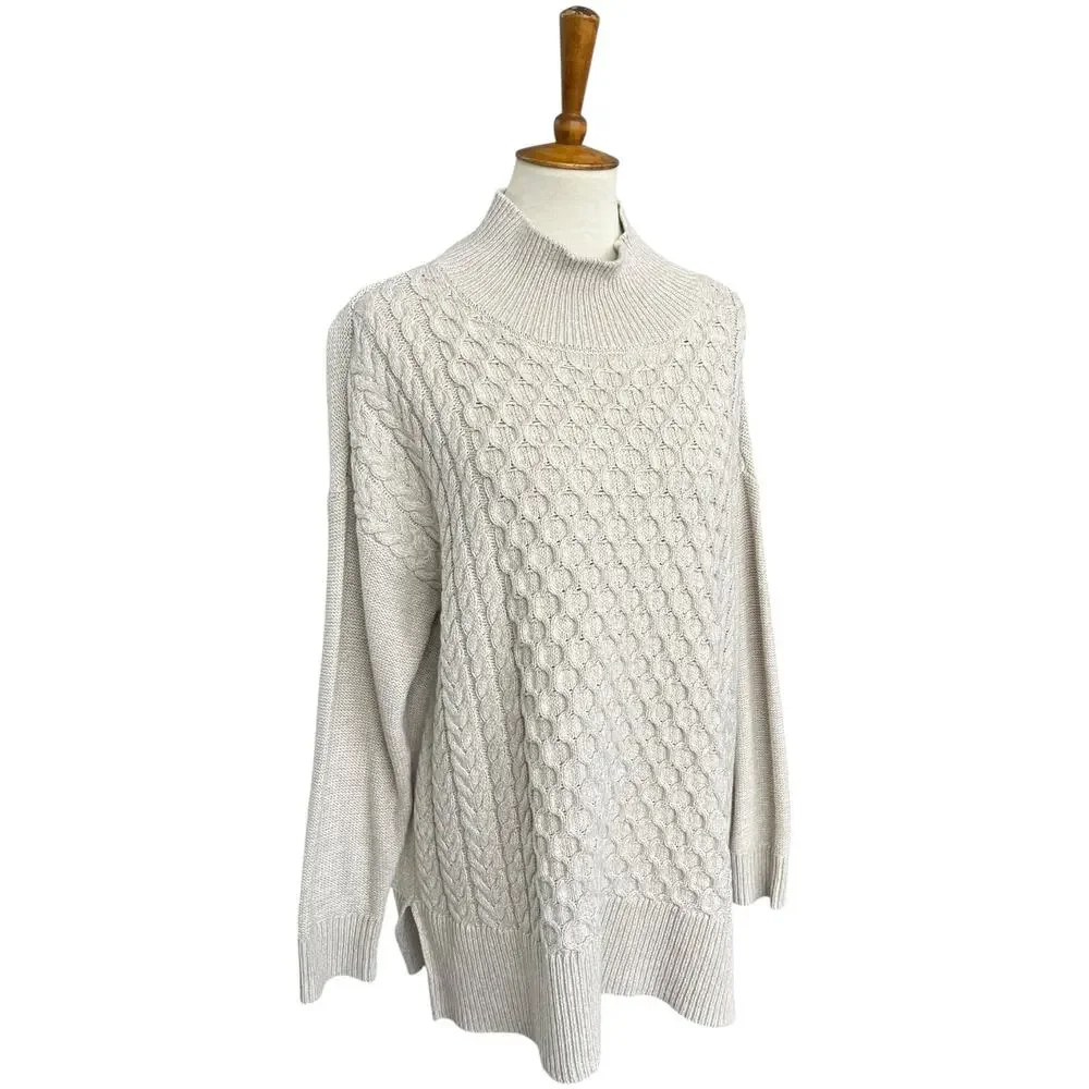 NWT Crown & Ivy Knit Fisherman Coastal Oatmeal Mock Neck Sweater Size Medium - Picture 4 of 9